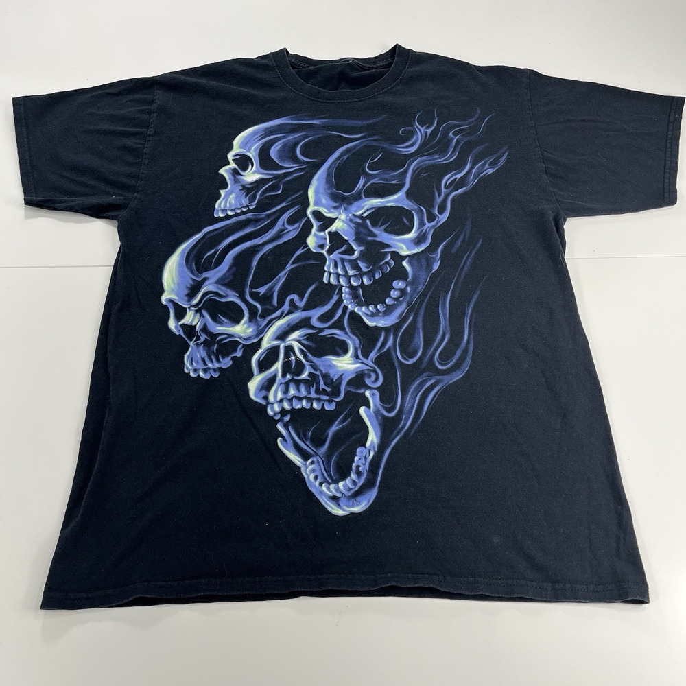 Vintage Gildan All Over Print Flaming Skull T Shirt Nirvana Faded 1990s L/XL